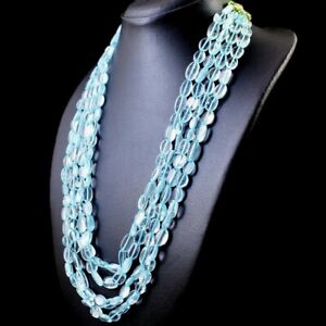 535.00 Cts Natural 4 Line Blue Aquamarine Oval Shape Beads Necklace NK 05E124