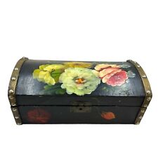 Vtg Floral Painted Black Wooden Keepsake Box Varnished Brass Tacks & Trim Floral