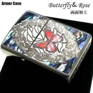 Zippo Armor Case Butterfly Pink Rose Shell Inlay Etching Silver Lighter Japan - Picture 1 of 8