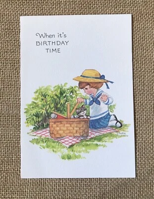 Tarjeta de cumpleaños Fravessi vintage sin usar niño gatito picnic antigua moda caprichosa Foto 1 de 4