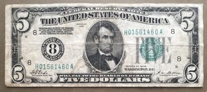 1928 $5 FRN ~ ST. LOUIS [] GOLD: BIG 8 SEAL [] Fr. 1950-H [] SN# H 0156 1460 A - Picture 1 of 3