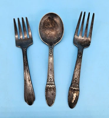 Vtg 1847 Rogers Bros. Silver Baby Spoon & Fork First Love Hallmark I S + Bonus - Image 1 of 4