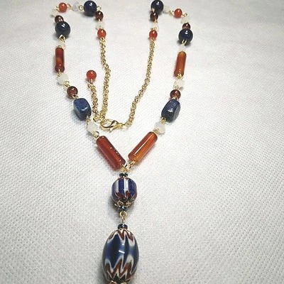 Collar Artesanal Cornalina Lapislázuli Murano Vidrio Tono Dorado 22 pulgadas Foto 1 de 4