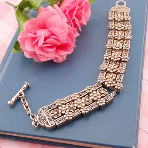 VTG Sterling Silver 21 Bar Slide Flower Charm 2 Chain 7 3/4" Toggle Bracelet 70g - Picture 1 of 6