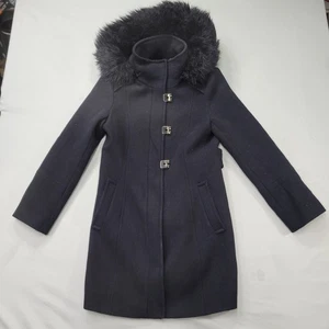 Calvin Klein Damen Mantel klein schwarz Wollmischung Gürtel Kapuze Kunstfellbesatz - Bild 1 von 19