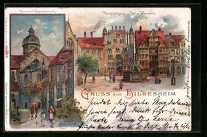 Lithographie Hildesheim, Dom mit Rosenstrauch, Pemplerhaus - Picture 1 of 2
