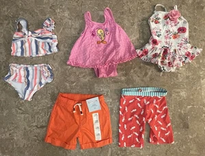 Baby Girl Bathing Suit Lot-6 Pc-9-12M & 9M Shorts Tweety Bird Pink Moana Flower - Picture 1 of 17