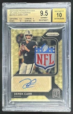 Derek Carr 2022 Panini Blockchain Oro Vinilo Escudo Parche Automático 1/1 BGS 9.5/10 Foto 1 de 3