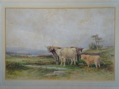 Hochlandrinder Landschaft - William H. Pigott signiert Aquarell Zeichnung 1896 - Bild 1 von 4