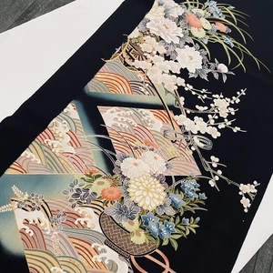 Japan Sea #D 14.5x65 LONG Hand Painted Tomesode Black Silk Kimono Fabric ToF71 - Picture 1 of 8