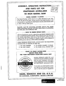 Sears Craftsman Radial Arm Saw Manual No.113.29440 - Bild 1 von 2
