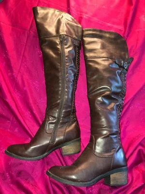 Ladies Liliana brown faux leather knee-hi boots, cowboy-style heels w/side studs - Image 1 of 4