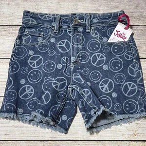 JUSTICE Girl's Jean Denim Shorts Smiley Faces & Peace Signs~Size 14 NWT - Picture 1 of 7