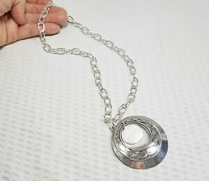 Silver Plate and Mother of Pearl Double Disk Pendant and Chain Link Choker Neckl