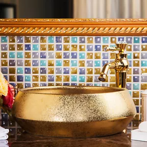Round Bathroom Gold Ceramic Basin Sink Faucet Gold Mixe Faucet Sets Deck Mounted - Picture 1 of 6
