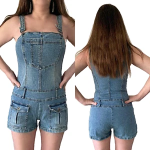 On Sale! Sexy XS S Vtg 80s 90s Hot Kiss Denim Romper Playsuit Overalls Jumpsuit - Picture 1 of 11