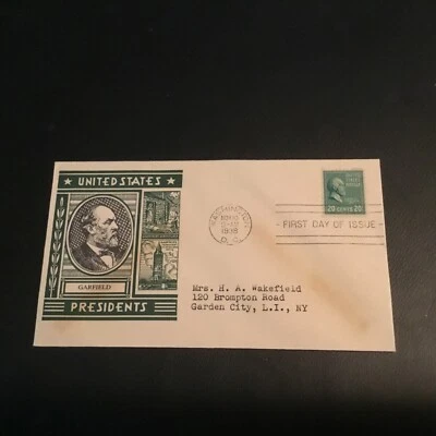 FDC 1938 #825 Staehle Cachet 20th President GARFIELD 20 Cent Stamp USA  - Image 1 of 2