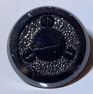 Antique Jet Black Glass Button Carved Textured Mixed Geometric Metal Shank 1/2" - Picture 1 of 7