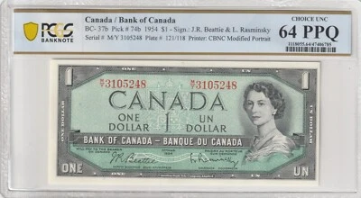 Canada 1954 1 Dollar Certified PCGS Banknote UNC 64 PPQ Pick BC-37b - Image 1 of 2