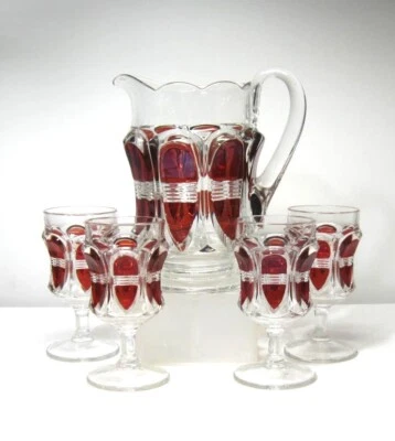 EAPG *** BARRED OVAL - RUBY STAINED - 5 PCS WATER SET   - NEAR MINT - Image 1 of 4