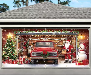 2-Car Garage Door Christmas Decorations 7 X 16 Ft, Santa Claus Snowman Christmas - Picture 1 of 12