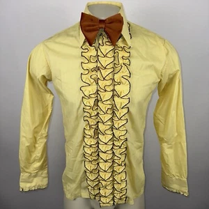 Vintage 60s 70s Tuxedo Shirt Yellow Ruffles Tux Retro Prom Disco Mens Small 33" - Picture 1 of 16