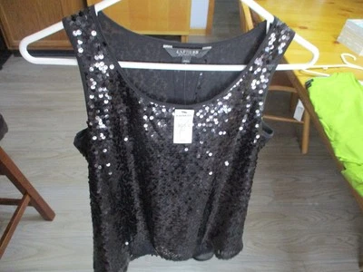New W/Tags Express Black Sequin Sleeveless Split Back Tank,Size Small - Image 1 of 4