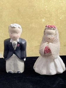 Vintage Wedding 3” Bride And Groom Plaster Chalk Lace 1950's - Picture 1 of 3