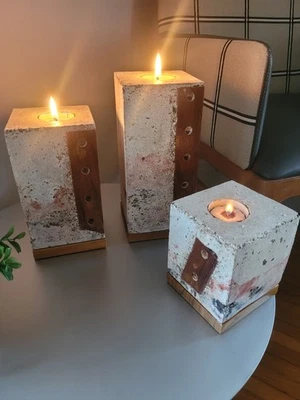 Industrial Style Tealight Set /3 Candle Holders Handmade  Inlaid  Teak &  Base - Image 1 of 4