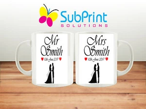 Set of Two-Personalised Mr & Mrs Wedding Day Coffee/tea Gift Mug set celebration - Picture 1 of 4