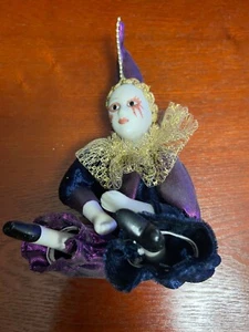 Vintage 6.5” Porcelain Harlequin Jester Doll – Mardi Gras Pierrot Clown – Purple - Picture 1 of 5