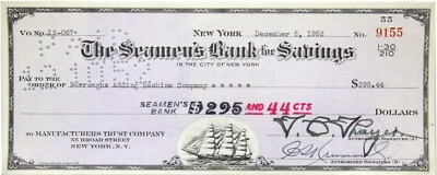 USA - Check - BANKNOTE - The Seamen`s Bank for Savings - New York - 1950s - Image 1 of 3