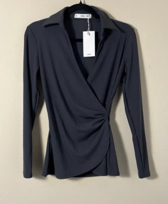 NWT! Mango Belinda V-Neckline Wrap Blouse in Charcoal Size XXS - Image 1 of 4