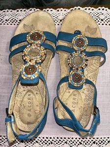 Acorn Womens Blue Leather Beaded Adjustable Strappy Casual Flat Sandals Size 7 - Picture 1 of 6