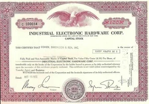 Vintage stock certificate Industrial Electronic Hardware Corporation New York  - Picture 1 of 1