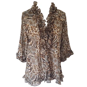 Vintage 90s Animal Print Blouse Top Size 12 L Ruffles 3/4 Sleeve Sheer Frilly - Picture 1 of 9