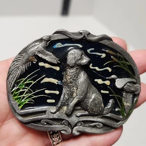 Vintage Bergamot Golden Retriever Duck Hunting Silver Tone Enameled Belt Buckle - Picture 1 of 12