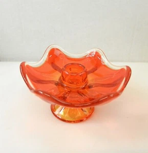 1 Viking Glass Candle Holder Persimmon Orange Clear Crest Footed 6 Petals DC - Picture 1 of 5
