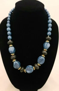 Vintage Blue Beaded Necklace with Gold Tone - Picture 1 of 5