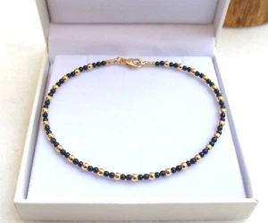 14 k solid yellow gold beads 3 black onyx natural bracelet round genuine men - Picture 1 of 5