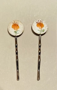 Bobby Pin set -GUILLOCHE ENAMEL ORANGE FLOWER  ACCENT- RHODIUM PLATE - Picture 1 of 2