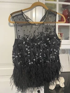 TAHARI EVENING  BEADED, SEQUIN AND OSTRICH FEATHERS TOP, SMALL - Picture 1 of 10