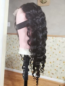 New Lace Closure 100% Human Hair Wig Curly Deep Wave Hair 22'' 1B - Picture 1 of 12