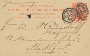 GB 1893 QV 1d orangered VFU pc Duplex-cancel "LONDON-N.W / N.W / 3" +"STUTTGART" - Picture 1 of 3