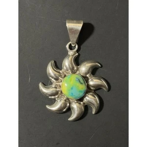 Vintage 925 Sterling Silver Navajo Turquoise Sun Pendant - Picture 1 of 13