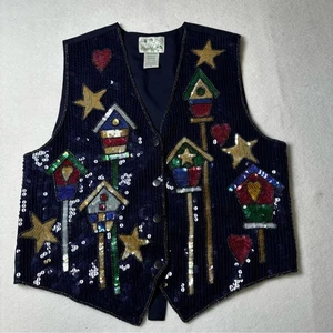 Vintage The Quaker Factory Woman’s Vest Birdhouse Sequin 80’s Small - Picture 1 of 6