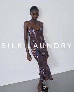 Silk Laundry 90s Slip Midi Dress Size Small Brown Paisley Bias Cut Retro - Picture 1 of 12