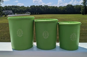Vintage Apfel limettengrün Tupperware Kanister verschachtelt 3er Set und Deckel - Bild 1 von 17