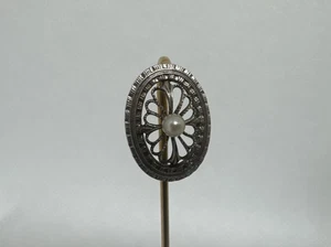 Art Deco Stecknadel 14K Weißgold & Perle detailliert durchbrochen filigran - Bild 1 von 16