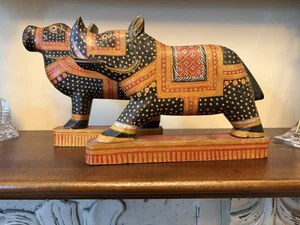 Lote 2 Set Figuras Animales Madera Pintadas a Mano India Pattachitra Toro Nandi Sagrado - Imagen 1 de 8